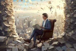 An image of a writer sitting in a chair, surrounded by flying books that create a whirlwind around them, with city skyscrapers visible in the background. Generative AI photo