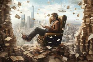 An image of a writer sitting in a chair, surrounded by flying books that create a whirlwind around them, with city skyscrapers visible in the background. Generative AI photo