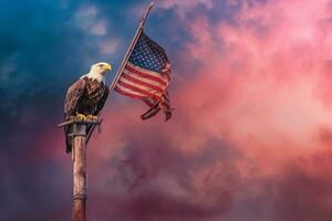 An image of a bald eagle with fireworks bursting from its wings and the American flag in the background in a surreal dreamlike setting. Generative AI photo