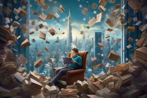 An image of a writer sitting in a chair, surrounded by flying books that create a whirlwind around them, with city skyscrapers visible in the background. Generative AI photo