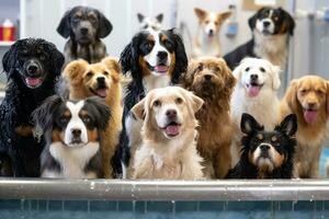 Portraying dogs of different breeds being playfully washed and dried in a daycare spa setting, emphasizing cleanliness and socialization. Generative AI photo