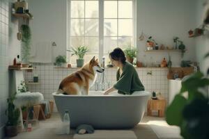 An image portraying a heartwarming scene of an owner washing their dog in a clean and spacious bathroom, highlighting the strong bond between the two. Generative AI photo