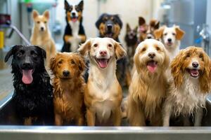 Portraying dogs of different breeds being playfully washed and dried in a daycare spa setting, emphasizing cleanliness and socialization. Generative AI photo