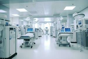 Clean and spacious hospital ward with modern equipment, representing a high-tech healthcare environment. Generative Ai photo