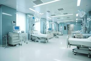 Clean and spacious hospital ward with modern equipment, representing a high-tech healthcare environment. Generative Ai photo
