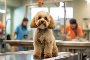 perro siendo lavado y arreglado en un de moda salón configuración, reflejando el concepto de aseo como un formar de cuidados personales para mascotas. generativo ai foto