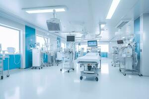Clean and spacious hospital ward with modern equipment, representing a high-tech healthcare environment. Generative Ai photo