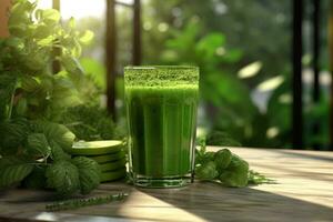 vaso lleno con un refrescante verde zalamero hecho desde rico en clorofila ingredientes, transporte salud y bienestar. generativo ai foto