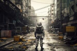 An image showcasing a lone survivor wearing a protective hazmat suit, armed with weapons and navigating through the desolate streets. Generative Ai photo