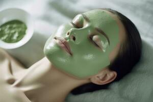 Woman receiving a rejuvenating spa treatment with a chlorophyll facial mask, promoting the benefits of chlorophyll for skincare and relaxation. Generative Ai photo