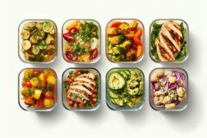 An image showcasing a series of colorful and nutritious meal preps, including salads, grilled chicken, quinoa, and vegetables, presented on a clean white background. Generative AI photo
