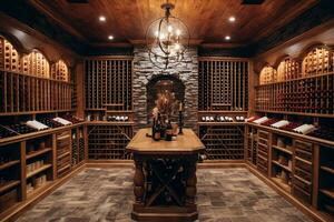 well-stocked wine cellar in a luxury home, with rows of wine bottles, tasting area, and elegant storage displays. Generative AI photo