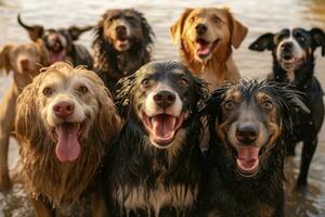 A group of wet and happy dogs with wagging tails after being washed, exuding joy and contentment. Generative AI photo