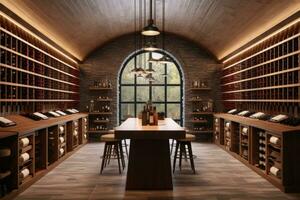 well-stocked wine cellar in a luxury home, with rows of wine bottles, tasting area, and elegant storage displays. Generative AI photo