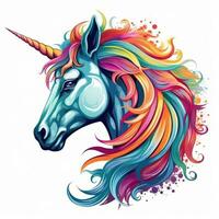 An vector illustration of a mythical unicorn, with a rainbow-colored mane and horn, against a white background. Printable design for tattoo, wall art, posters, t-shirts, mugs, cases. Generative AI photo