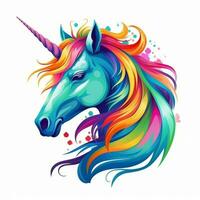 An vector illustration of a mythical unicorn, with a rainbow-colored mane and horn, against a white background. Printable design for tattoo, wall art, posters, t-shirts, mugs, cases. Generative AI photo