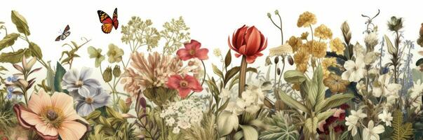 An intricate botanical banner illustration, featuring various types of flowers and foliage woven together to form an elaborate and visually stunning pattern. Generative AI photo