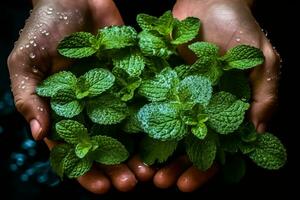 An overhead shot of a hand holding a bunch of freshly picked mint leaves, with water droplets glistening on the leaves, highlighting their freshness and invigorating aroma. Generative AI photo