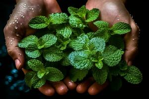 un gastos generales Disparo de un mano participación un manojo de recién escogido menta hojas, con agua gotas brillante en el hojas, destacando su frescura y vigorizante aroma. generativo ai foto