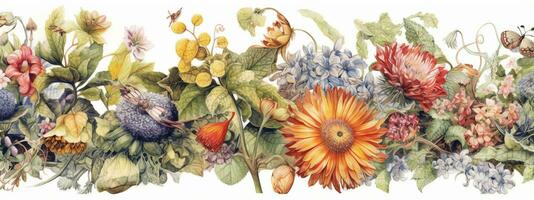 An intricate botanical banner illustration, featuring various types of flowers and foliage woven together to form an elaborate and visually stunning pattern. Generative AI photo