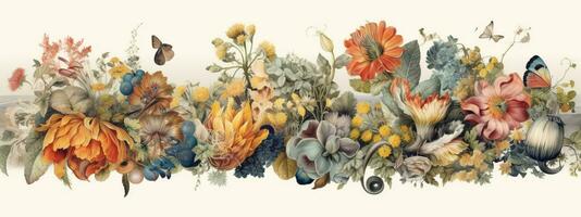 An intricate botanical banner illustration, featuring various types of flowers and foliage woven together to form an elaborate and visually stunning pattern. Generative AI photo