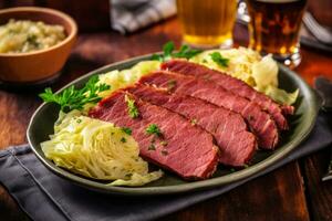 un gastos generales Disparo de un plato de tradicional irlandesa acecinado carne de vaca y repollo con un verde cerveza en el antecedentes. generativo ai foto