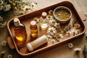 An overhead view of a wooden tray with chamomile flowers, essential oil, and dried petals, representing aromatherapy, natural skincare, and wellness concepts. Generative Ai photo