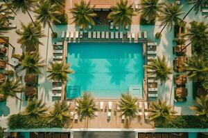 An overhead shot of a poolside lounge area with palm trees, cabanas, and people relaxing in stylish swimsuits, evoking the glamorous Miami beach lifestyle. Generative AI photo