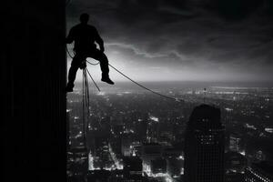 Hitman scaling a tall building, using ropes and climbing gear, with a cityscape in the background, evoking a sense of danger and stealth. Generative AI photo