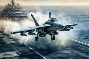 Military jet taking off from an aircraft carrier, with steam rising from the deck and the ocean backdrop, symbolizing naval aviation and power projection. Generative Ai photo