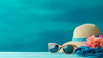 Beach Accessories on blue wooden table. Concept summer vacation. Web Banner Generative AI photo