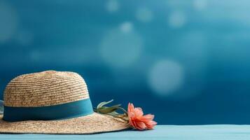 Beach Accessories on blue wooden table. Concept summer vacation. Web Banner Generative AI photo