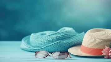 Beach Accessories on blue wooden table. Concept summer vacation. Web Banner Generative AI photo