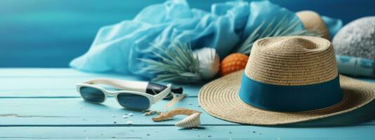 Beach Accessories on blue wooden table. Concept summer vacation. Web Banner Generative AI photo
