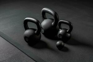 Kettlebells and dumbbells with black plates on floor on black mats background. Generative Ai photo