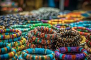 con cuentas el plastico collares, brazaletes o esposas en arco iris colores. atención en el caprichoso, económico artesanías ese son popular recuerdos para turistas generativo ai foto