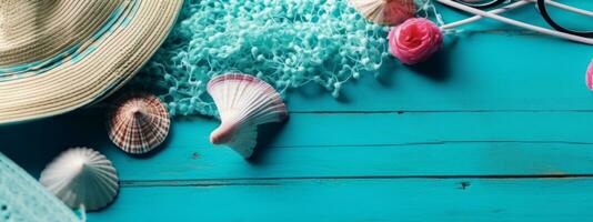 Beach Accessories on blue wooden table. Concept summer vacation. Web Banner Generative AI photo