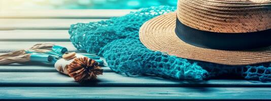 Beach Accessories on blue wooden table. Concept summer vacation. Web Banner Generative AI photo