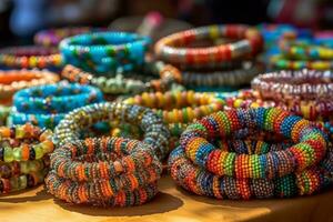 Beaded plastic necklaces, bangles or bracelets in rainbow colors. Focus on the whimsical, budget-friendly handicrafts that are popular souvenirs for tourists. Generative Ai photo