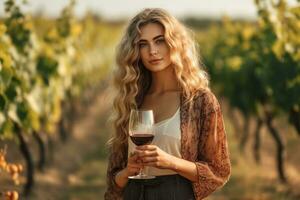Beautiful young woman with glass of wine in vineyard on sunny day. Generative AI photo