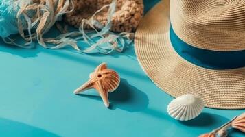 Beach Accessories on blue wooden table. Concept summer vacation. Web Banner Generative AI photo