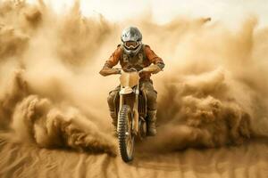 Off-Road Motorbike in dust cloud with sand cloud on background. Biker rider in action. Generative AI photo