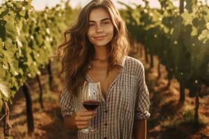 hermosa joven mujer con vaso de vino en viñedo en soleado día. generativo ai foto