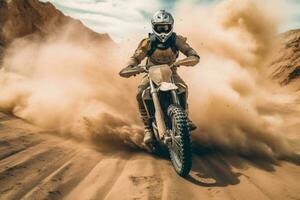 Off-Road Motorbike in dust cloud with sand cloud on background. Biker rider in action. Generative AI photo