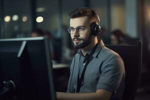 Call center operator accompanied by his team. Smiling customer support operator at work. Young employee working with a headset. Generative AI photo