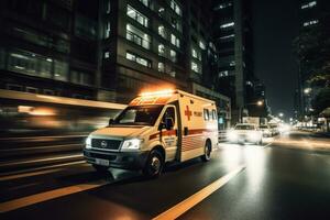 frente ver de un ambulancia lleno velocidad en el ciudad, responde a emergencia vocación a noche. generativo ai foto