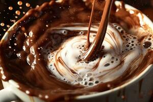 Close-up image of a hot cup of cocoa being poured, capturing the swirling motion and the splashes of chocolate as it fills the cup. Generative AI photo