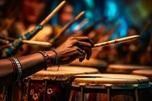 Close-up of a drummer's sticks hitting the drums during a performance. Generative AI photo