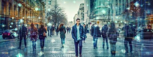 City scene face detection and recognition of citizens, people, artificial intelligence collects and analyzes human data. Biometric identification, futuristic cyber security. Generative AI photo