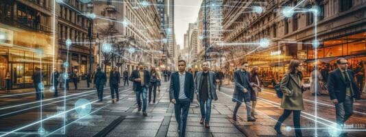 City scene face detection and recognition of citizens, people, artificial intelligence collects and analyzes human data. Biometric identification, futuristic cyber security. Generative AI photo